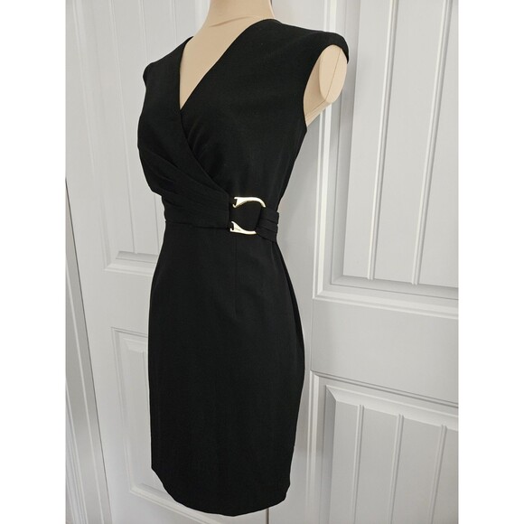 Calvin Klein Black Surplice Sheath Dress With Buckle Size 4 Back Slit - Picture 3 of 9